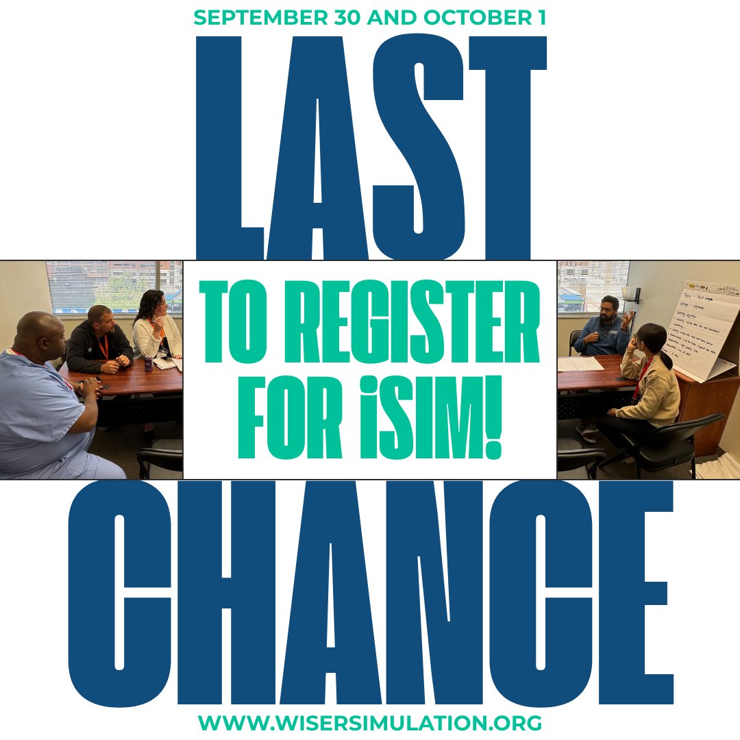 WISER (@wisersim) on Twitter photo Last chance to register for iSIM! Join us on Sept 30 and Oct 1 to learn the essential skills and techniques needed to deliver simulation-based healthcare education using a variety of methods and technologies. 
To enroll in iSIM, follow this link:
wiser.simmetrics.net/courses/catalo… Last chance to register for iSIM! Join us on Sept 30 and Oct 1 to learn the essential skills and techniques needed to deliver simulation-based healthcare education using a variety of methods and technologies. 
To enroll in iSIM, follow this link:
wiser.simmetrics.net/courses/catalo…