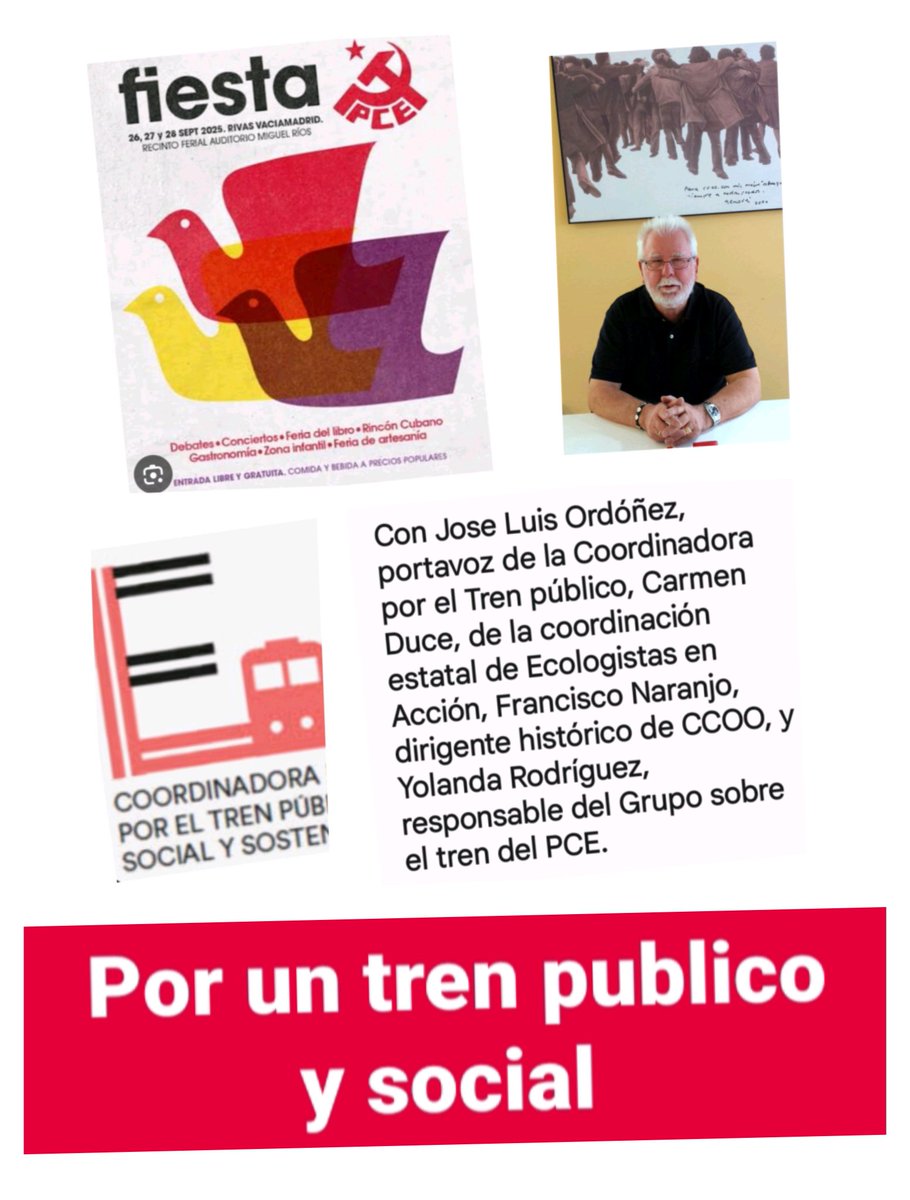 #FiestaPCE2025
El domingo, 28 de setiembre, a las 11,00 h tienes una cita en Rivas Vaciamadrid, en la Fiesta del PCE, espacio  "Patricia Laita", debate "Por un tren público y social".  Hablaremos del pasado, presente y futuro del ferrocarril. Te esperamos.
fiesta.pce.es/debates/por-un…