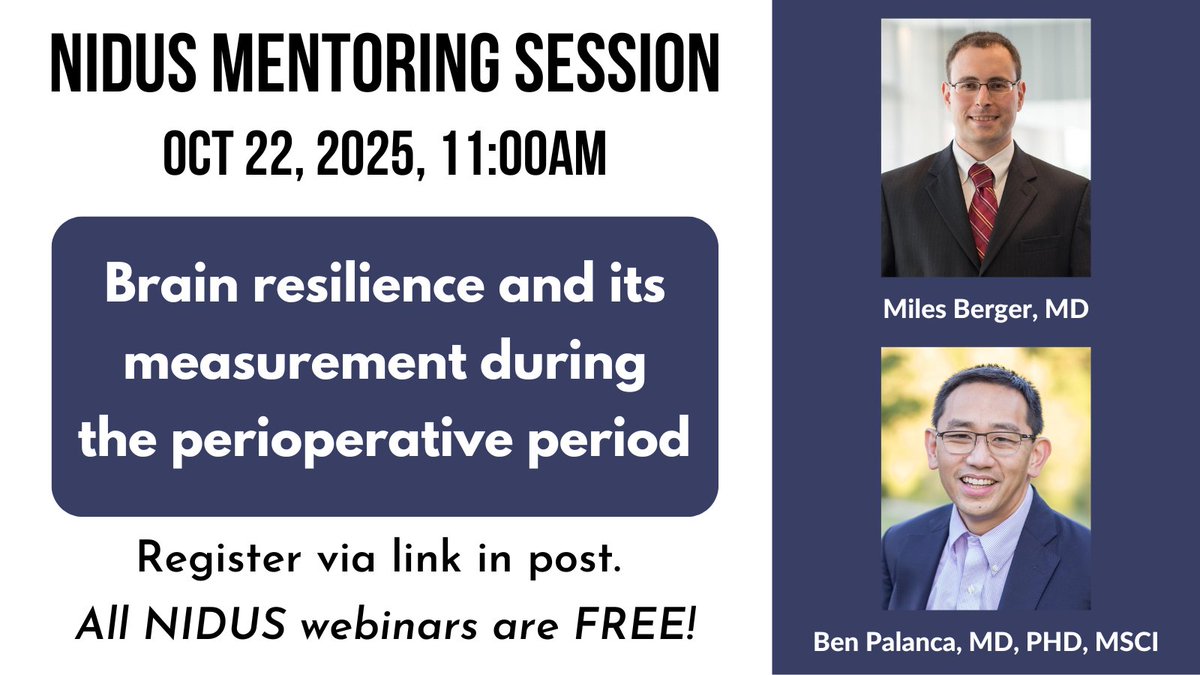 What is 'brain resilience'? In the Oct <a href="/NIDUS_Delirium/">NIDUS Delirium Network</a> webinar, hear how <a href="/RealMilesBerger/">Miles Berger</a> and <a href="/BenPalanca/">Ben Palanca</a> are developing assessments to help understand how the aging brain copes with surgical insult.
deliriumnetwork.org/webinars/upcom…
#delirium
