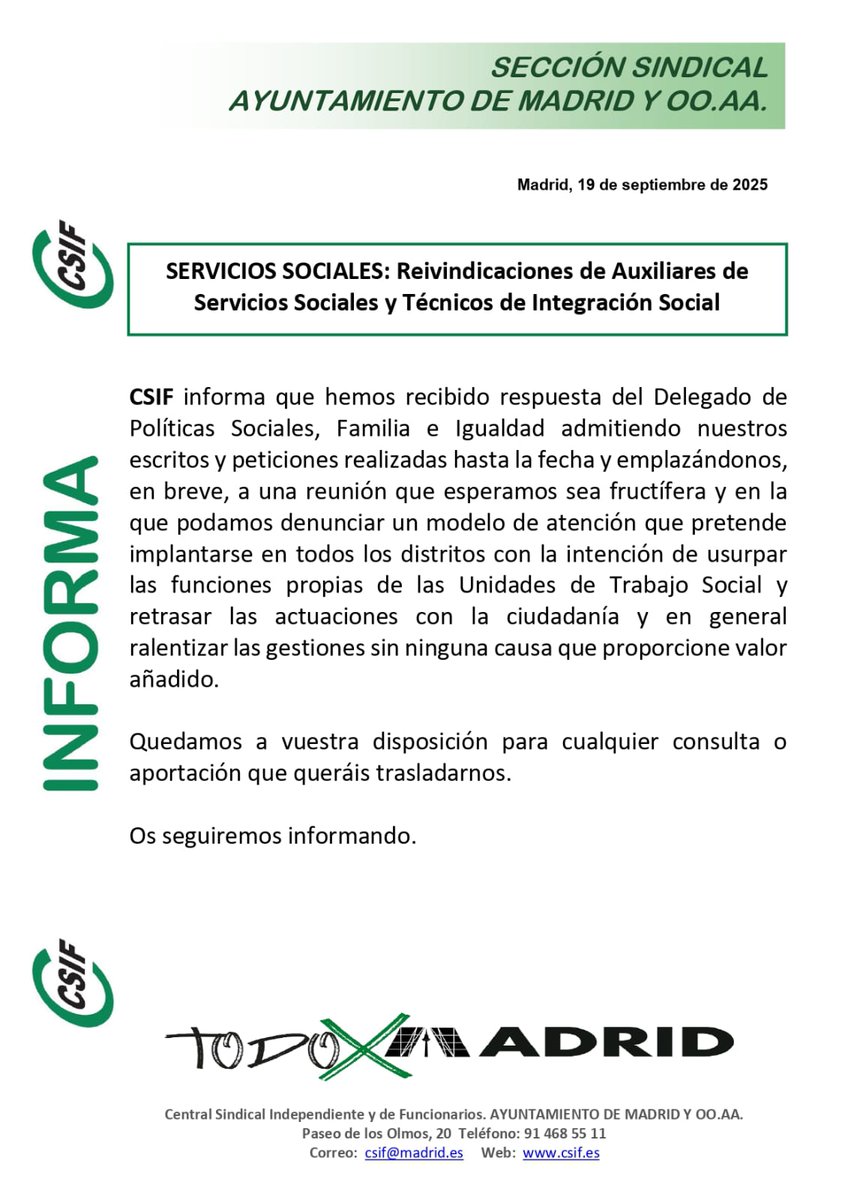 Reivindicaciones de Auxiliares de Servicios Sociales y Técnicos de Integración Social.

CSIF seguirá luchando por los derechos de tod@s.