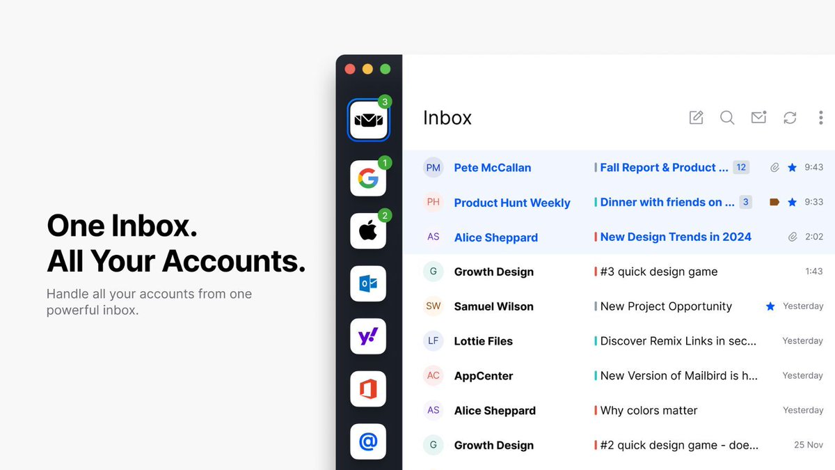 mailbird's tweet image. Stop switching between 5 different email inboxes. Life&apos;s too short.

Our Unified Inbox brings everything together in one powerful, organized view. This is the way.

#UnifiedInbox #Productivity #Email #Mailbird