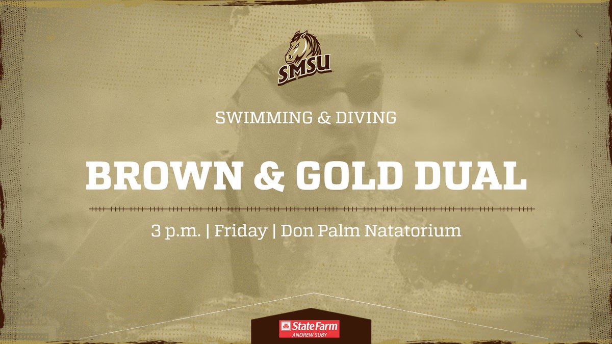 The SMSU swimming &amp; diving team has its Brown &amp; Gold intrasquad meet today at 3 p.m. inside the Don Palm Natatorium. Stop by and check out the 2025-26 squad! #LetsRide