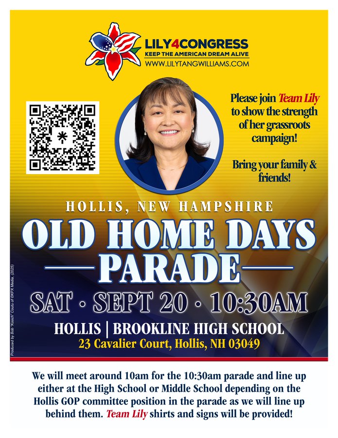 Please join #TeamLily to march for the annual Hollis Old Home Days Parade!

SAT | SEPT 20 | 10:30AM
Hollis/Brookline High School
23 Cavalier Court | Hollis, NH 

Line up at 10am behind Hollis GOP. 

Team T-Shirts and signs will be provided. Bring family and friends!