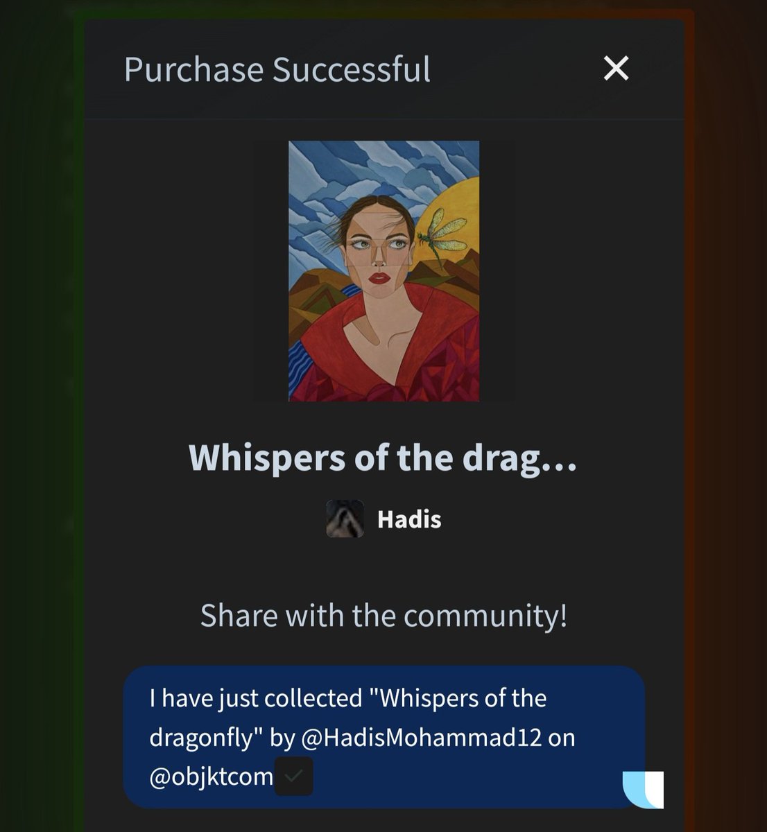 I have just collected "Whispers of the dragonfly" by <a href="/HadisMohammad12/">Had</a> on <a href="/objktcom/">objkt</a> 

Much love my beautiful queen 💋💋💋💋🫂🫂🫂🫂🫂