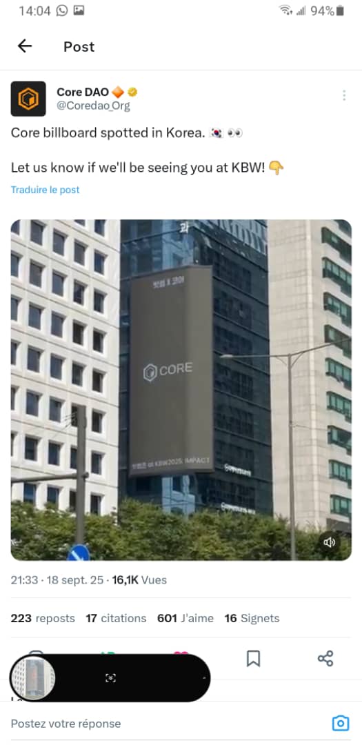 FLASH 🔶:

La suprématie de #CoreDAO gagne du terrain.

Panneau d'affichage Core repéré en Corée. 🇰🇷 👀

Dites-nous si on vous voit à KBW !