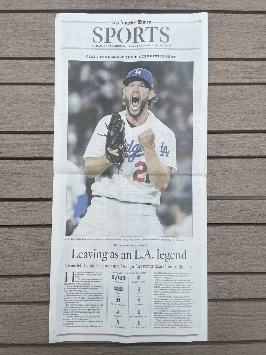 LaInaMinute's tweet image. My dad used say &quot;pay careful attention and cherish every time Clayton Kershaw pitches because he is not just a Hall of Famer but an inner circle, all-time great. The best I’ve seen since Koufax.”

I’m glad I listened; he’s the best I’ve ever seen. Thank you, Clayton Kershaw.…