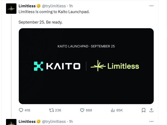 你们继续做EdgeX、Lighter，我就不参合了
我肝我的

limitless：Coinbase参投，总融资700万美元的菠菜项目。小窍门：最后20s下注卡bug，只有手续费。
这个项目即将上Kaito的IDO，早鸟活动9月22号结束，有可能活动结束就TGE了。
PS：交易200u以上才有空投机会。 <a href="/trylimitless/">Limitless</a>