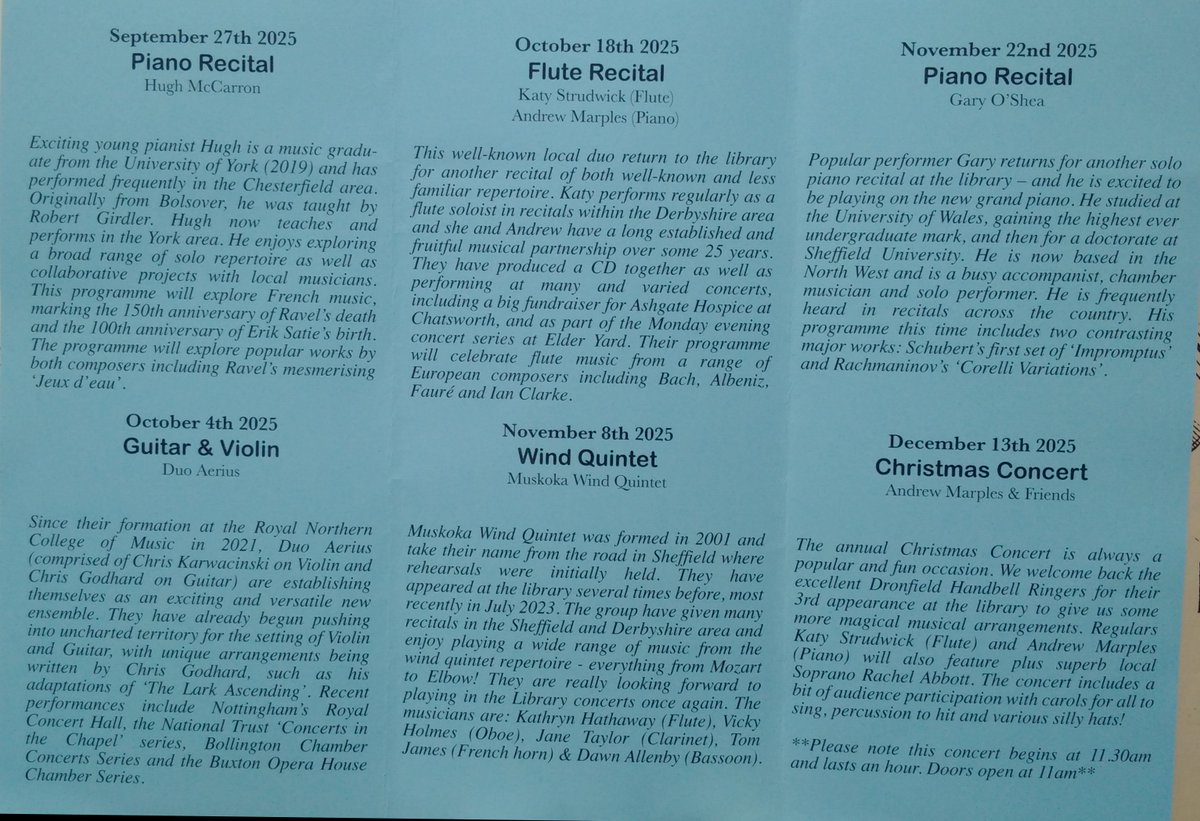 The 34th series of lunchtime concerts in Chesterfield Library begins next week. There's a fantastic variety of music over the next few months, and it's all free to attend!
<a href="/derbyshire_live/">Derbyshire Live</a> <a href="/DesChes/">Destination Chesterfield</a> #LiveMusic #Chesterfield #ChesterfieldLibrary