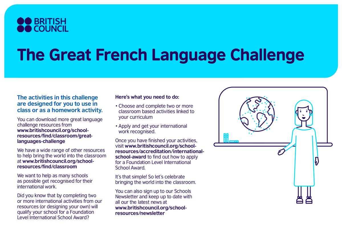 ManComAcademy's tweet image. Take on the French Language Challenge! Discover music, food &amp;amp; culture while learning new words 🌍📚 Show evidence to your teacher this week!

🏆 Winner announced Fri 26th for #EuropeanDayOfLanguages 🎉

👉 britishcouncil.org/.../great-lang…
#LearnFrench #LanguageChallenge #WeAreMCA