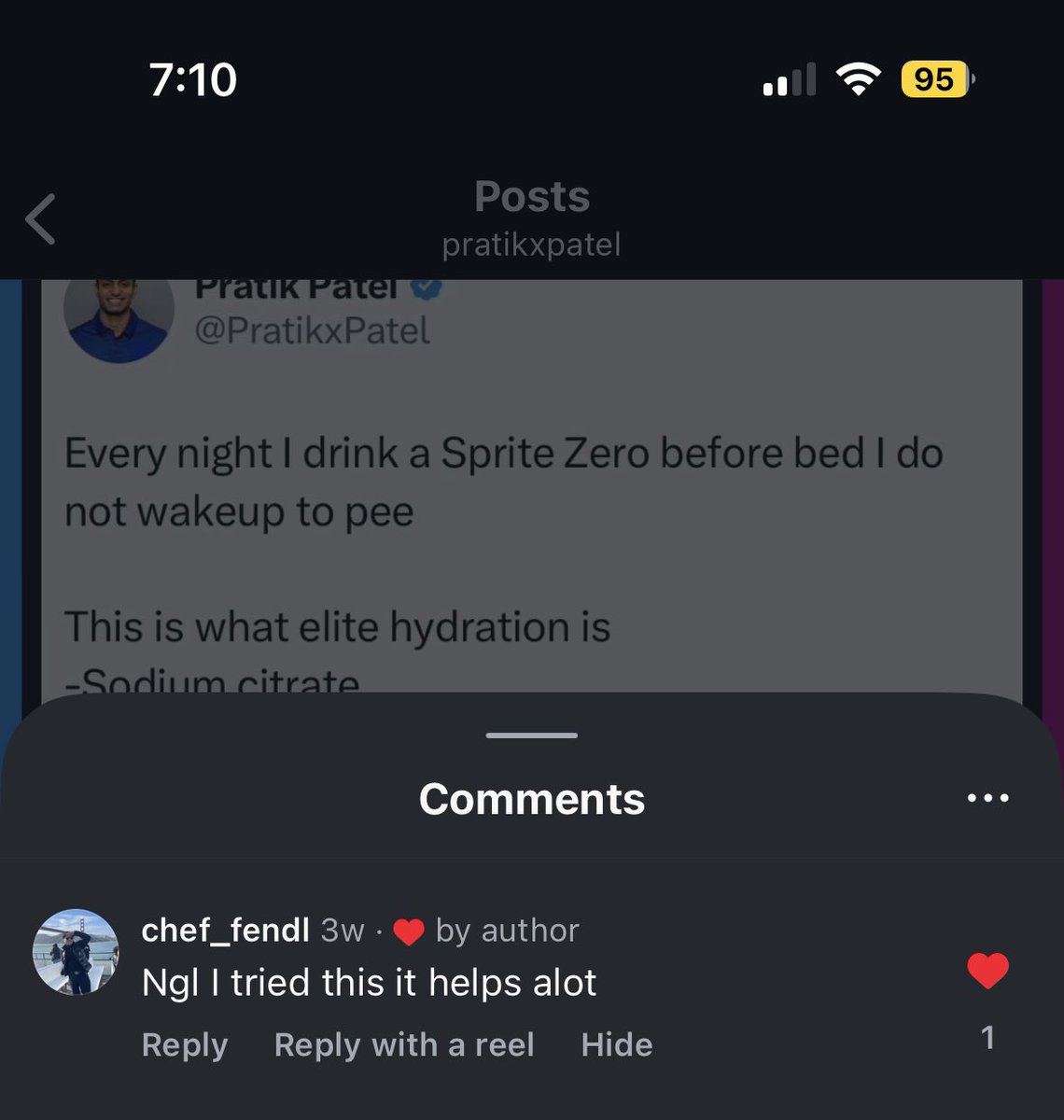 PratikxPatel's tweet image. Each night that I choose to drink a Sprite Zero before bed I do not wakeup to pee

This is what elite hydration is
-Sodium citrate
-Potassium citrate
-Carbonated water
-No caffeine

Each night that I choose to drink  @presleep_ (1.5 scoops) with a Sprite Zero I sleep like a…