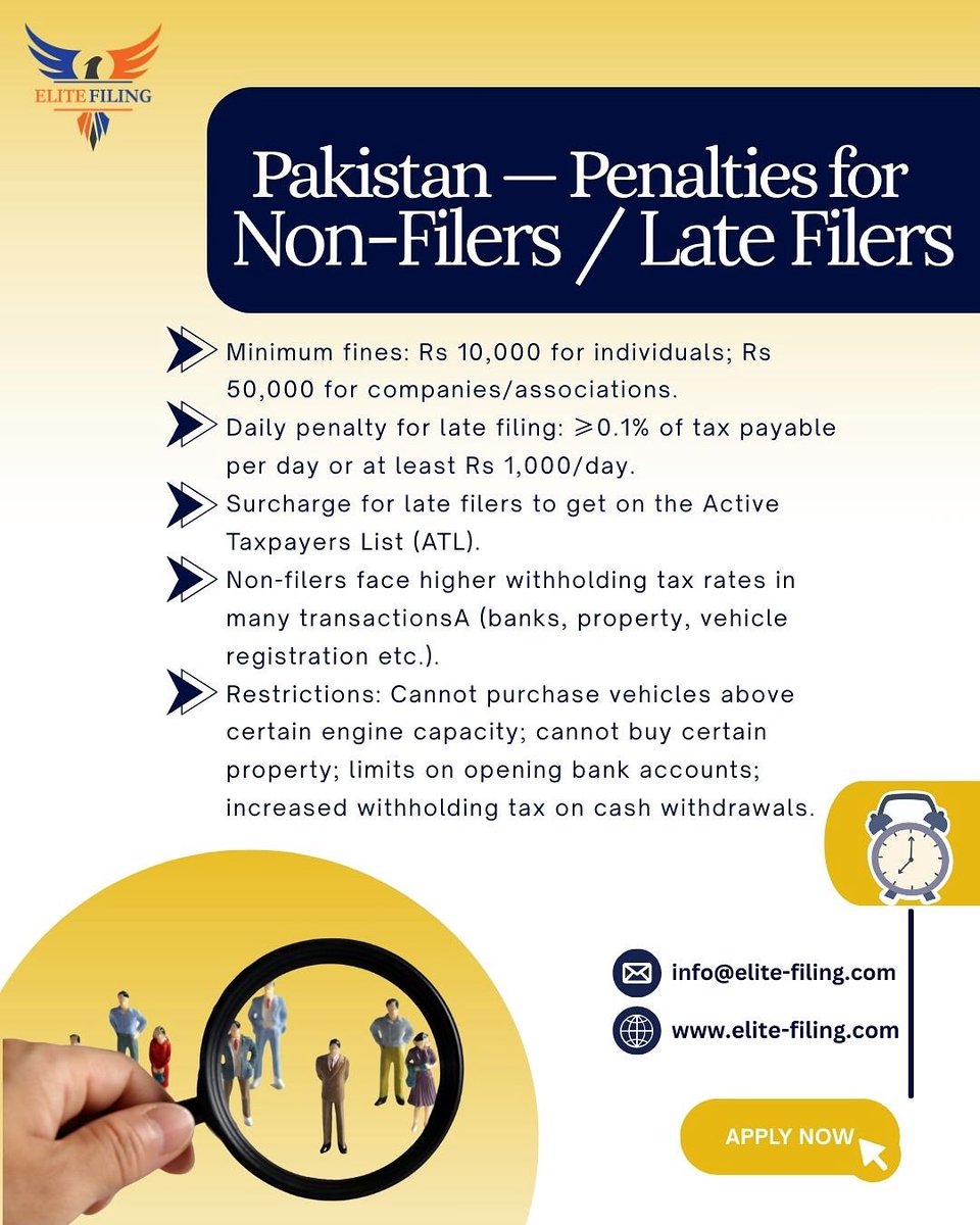 Elite_Filing's tweet photo. Don’t let penalties drain your pocket!
From fines to restrictions, being a non-filer in Pakistan comes with heavy costs.

Stay compliant. Stay stress-free. File with Elite Filing today. https://t.co/wiNN7vIzG0