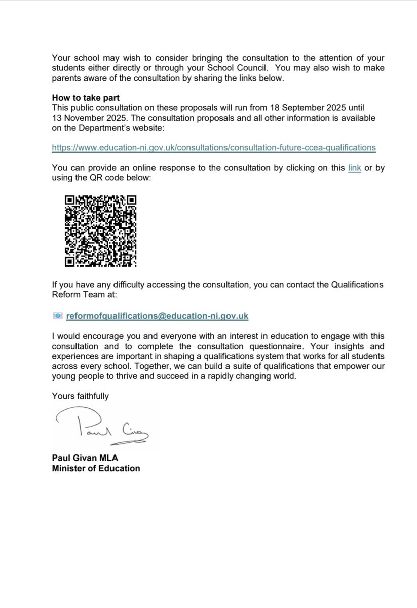SHGS_Newry's tweet image. We invite parents and students to take part in the survey from @Education_NI on the future of exams. All information is available on the Department’s website at education-ni.gov.uk/consultations/… 
Your response can be made online using the link or QR Code in the letter. 
Thank you.