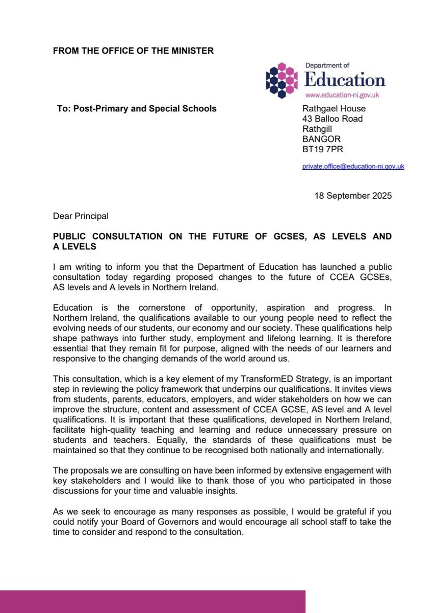 SHGS_Newry's tweet image. We invite parents and students to take part in the survey from @Education_NI on the future of exams. All information is available on the Department’s website at education-ni.gov.uk/consultations/… 
Your response can be made online using the link or QR Code in the letter. 
Thank you.