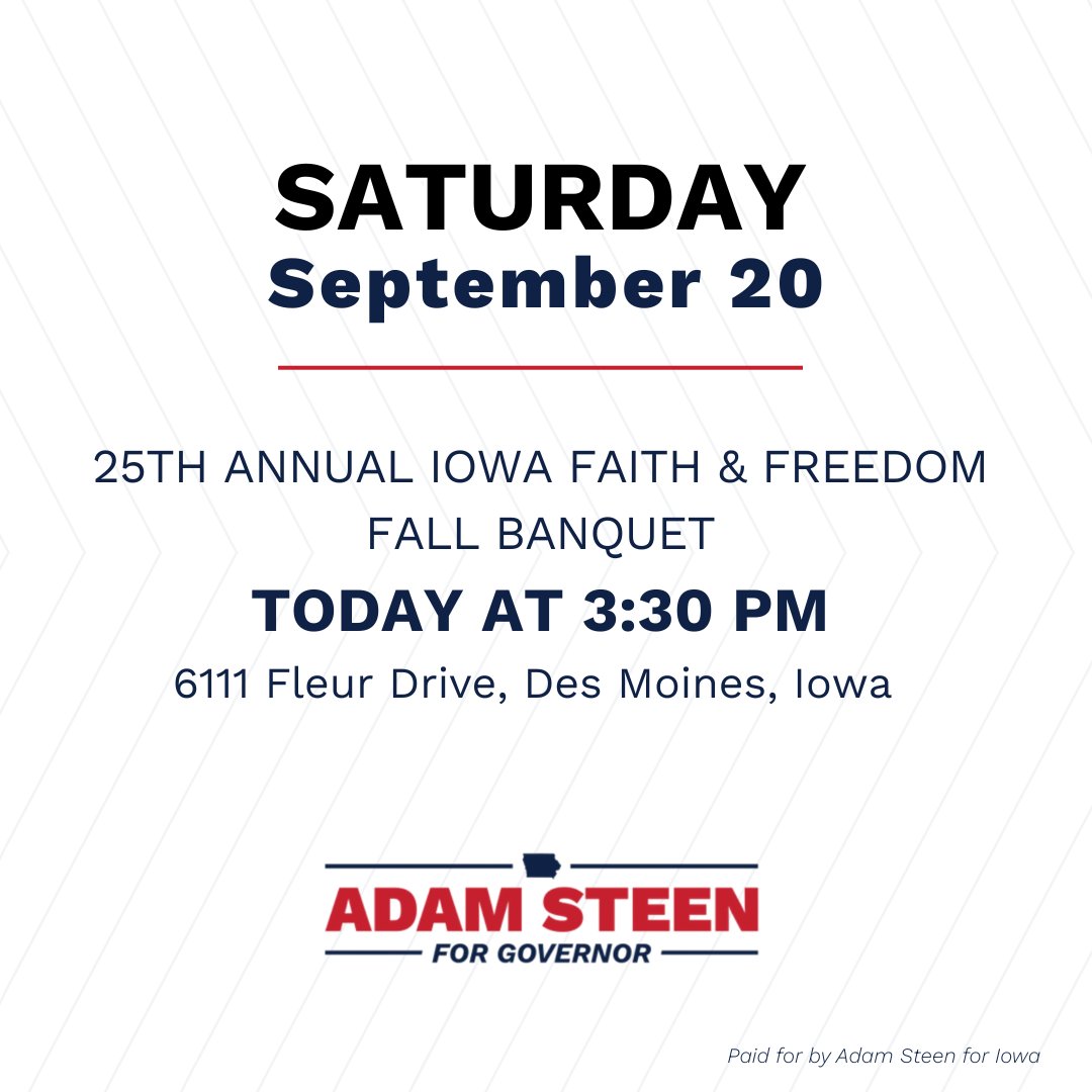 adamsteen's tweet image. Looking forward to a great day in Des Moines at the 25th Annual Iowa Faith &amp;amp; Freedom Fall Banquet. It’s always a powerful gathering of Iowans committed to protecting TRUTH. Excited to join the conversation, hope to see you there!

#SteenForGovernor #WinLeadWork #TimeForTruth