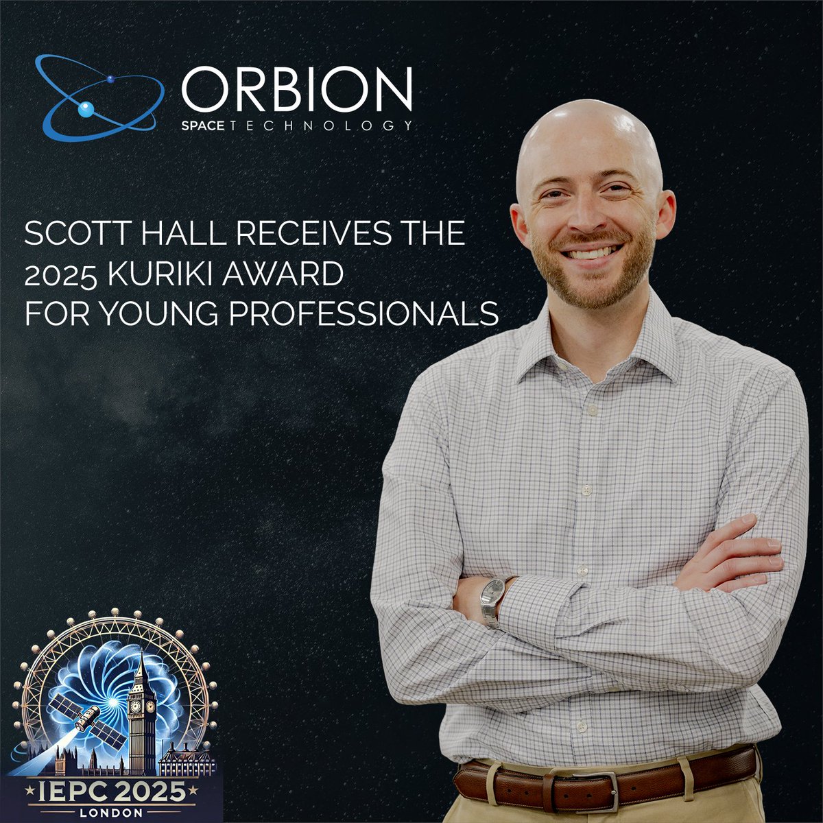 The Electric Rocket Propulsion Society #ERPS honored Scott Hall this week in London with the #KurikiAward for Young Professionals in recognition of his work advancing the development and qualification of high-power, commercial #HallEffect thrusters. #IEPC