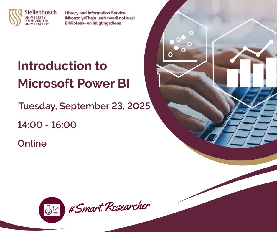 Stellenbosch University Library (@su_libraries) on Twitter photo Boost your data skills with ๐๐ข๐๐ซ๐จ๐ฌ๐จ๐๐ญ ๐๐จ๐ฐ๐๐ซ ๐๐!
Join our hands-on intro workshop & learn to create interactive visualizations & dashboards.
23 Sept 2025 | 14:00โ16:00 | Online
๐ Postgrads & Researchers
Register: sun.ac.za.libcal.com/event/13906371
#SmartResearcher #PowerBI Boost your data skills with ๐๐ข๐๐ซ๐จ๐ฌ๐จ๐๐ญ ๐๐จ๐ฐ๐๐ซ ๐๐!
Join our hands-on intro workshop & learn to create interactive visualizations & dashboards.
23 Sept 2025 | 14:00โ16:00 | Online
๐ Postgrads & Researchers
Register: sun.ac.za.libcal.com/event/13906371
#SmartResearcher #PowerBI