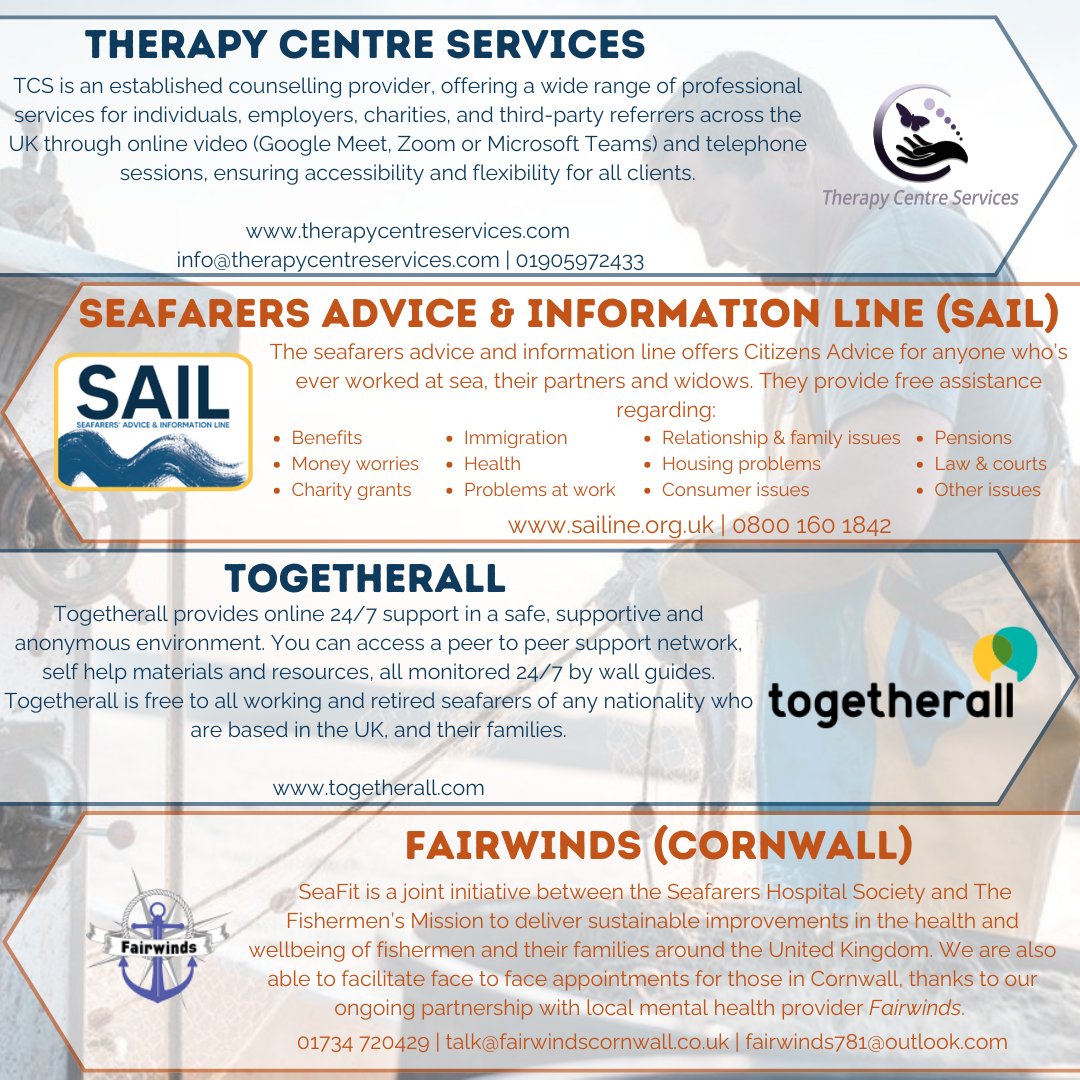 DON'T TAKE YOUR WORRIES TO SEA⚓

We partner with service providers to offer FREE &amp; CONFIDENTIAL mental health &amp; wellbeing support, as well as financial, legal and welfare advice is available to working #seafarers of any nationality working in the UK.

seahospital.org.uk/help-for-you/m…