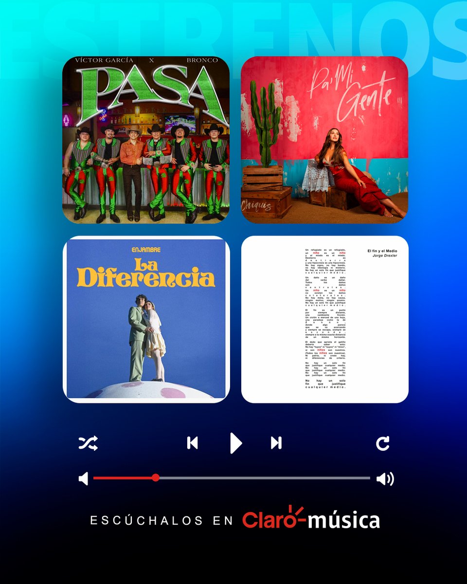 😎 ¡Checa estos estrenos en #Claromúsica! 🎶

Pasa - <a href="/VictorGmusica/">Víctor García</a>, <a href="/Grupo_Bronco/">Bronco Oficial</a>: bit.ly/4moSpIm
Pa' mi gente - <a href="/Chiquis626/">CHIQUIS</a> : bit.ly/47SsRzU 
La diferencia - <a href="/enjambremx/">Enjambre</a>: bit.ly/42uPGpO
El fin y El medio - @JorgeDrexter : bit.ly/4nFAZIL