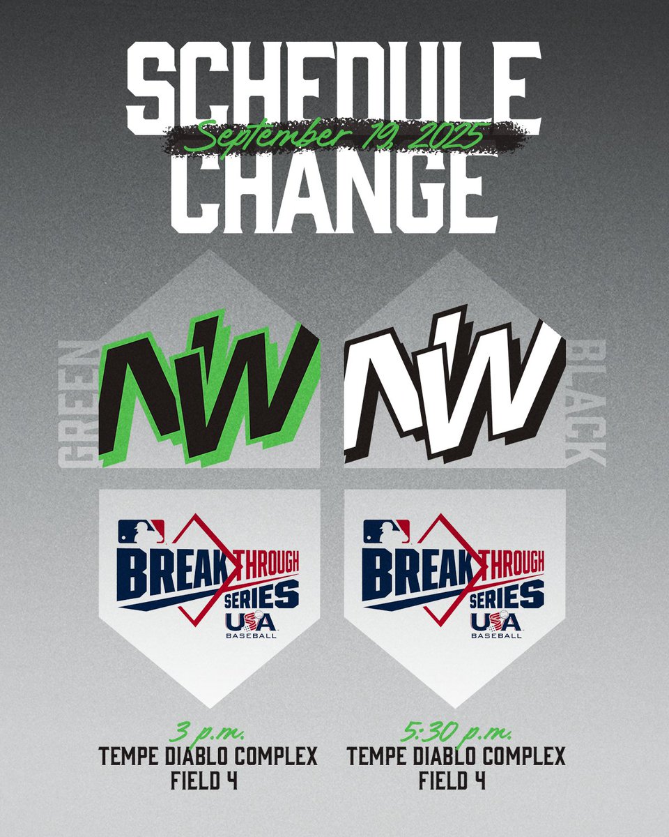 BaseballNW's tweet image. SCHEDULE CHANGE 📅

Due to rain in the area, today's AZ Fall Classic games in Peoria have been canceled — the tournament is scheduled to resume tomorrow.

We have rescheduled our squads for games today in Tempe, AZ against teams from the MLB Breakthrough Series.

#RepTheNW