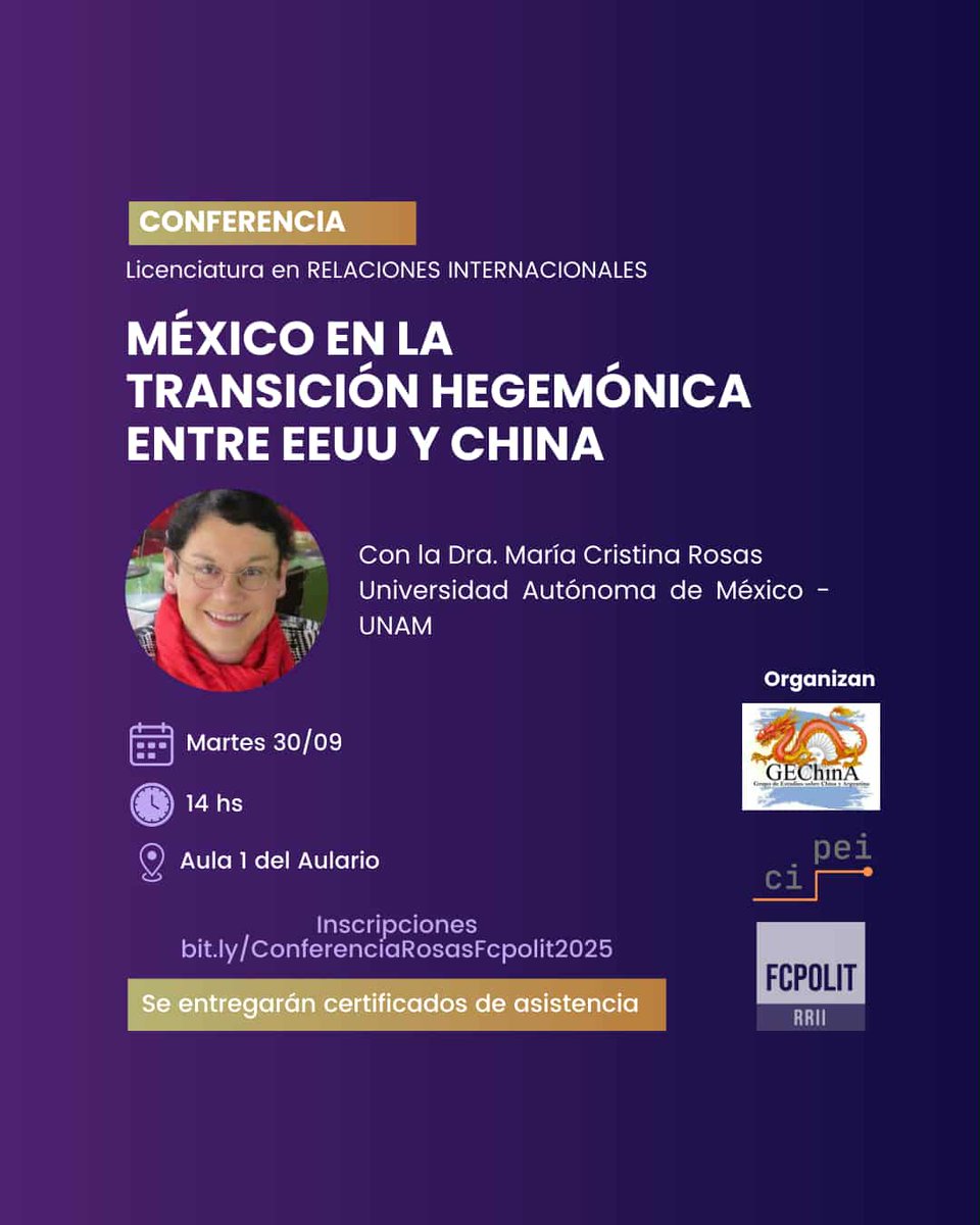 Atención amigos y colegas de Rosario, Argentina: el próximo 30 de septiembre a las 14 hrs tendré el gusto de impartir la conferencia "México en la transición hegemónica entre EEUU y China." La cita es en el Aula 1 del Auditorio de la Universidad de Rosario. ¡Bienvenid@s!