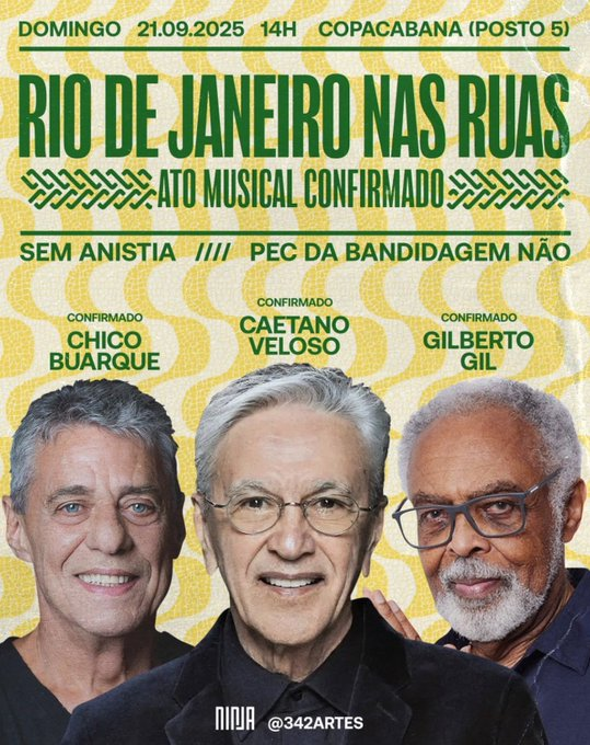KriskaCarvalho's tweet photo. Caetano, Gil e Chico. O trio magnifico!

Rio de Janeiro tah bafo, hein?

Local: POSTO 5 - COPACABANA Horário: 14h00  

SEM DOSIMETRIA 
DOMINGO CONTRA IMPUNIDADE 
SÓ IR PACIFICA   

Mobilizem pelas nossas pautas, contra impunidade! DIA 21 POVO NA RUA https://t.co/RFMLV6ai6F