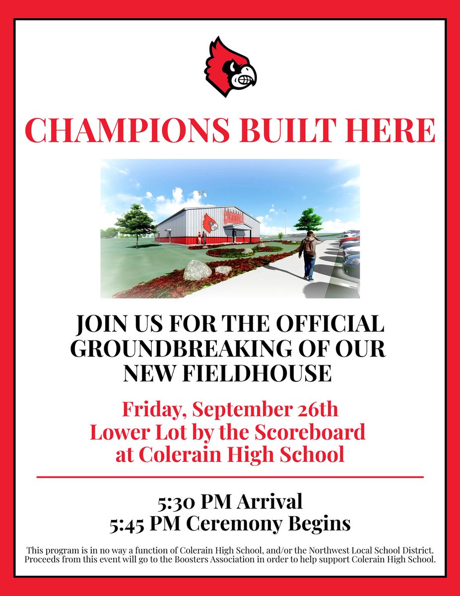 CHSAssistantAD's tweet image. Exciting news! Join us next Friday, September 26th, for the official groundbreaking of the NEW Colerain Fieldhouse!

Want to be part of this historic moment and help build a bright future for our students? Support the Capital Campaign today at colerainboosters.com/fieldhouse.