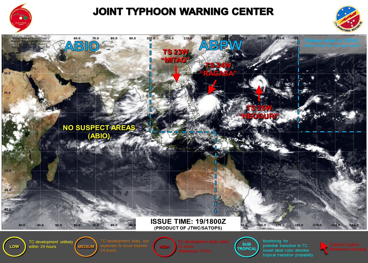 SouthFLwx04's tweet photo. The West Pacific Basin is very busy today with a total of 3 tropical cyclones active right now! #Mitag is moving inland and bringing heavy rain to China, so I will go over #Ragasa and #Neoguri in this threat as both have the potential to become strong typhoons. https://t.co/6Q7CkIsGjN