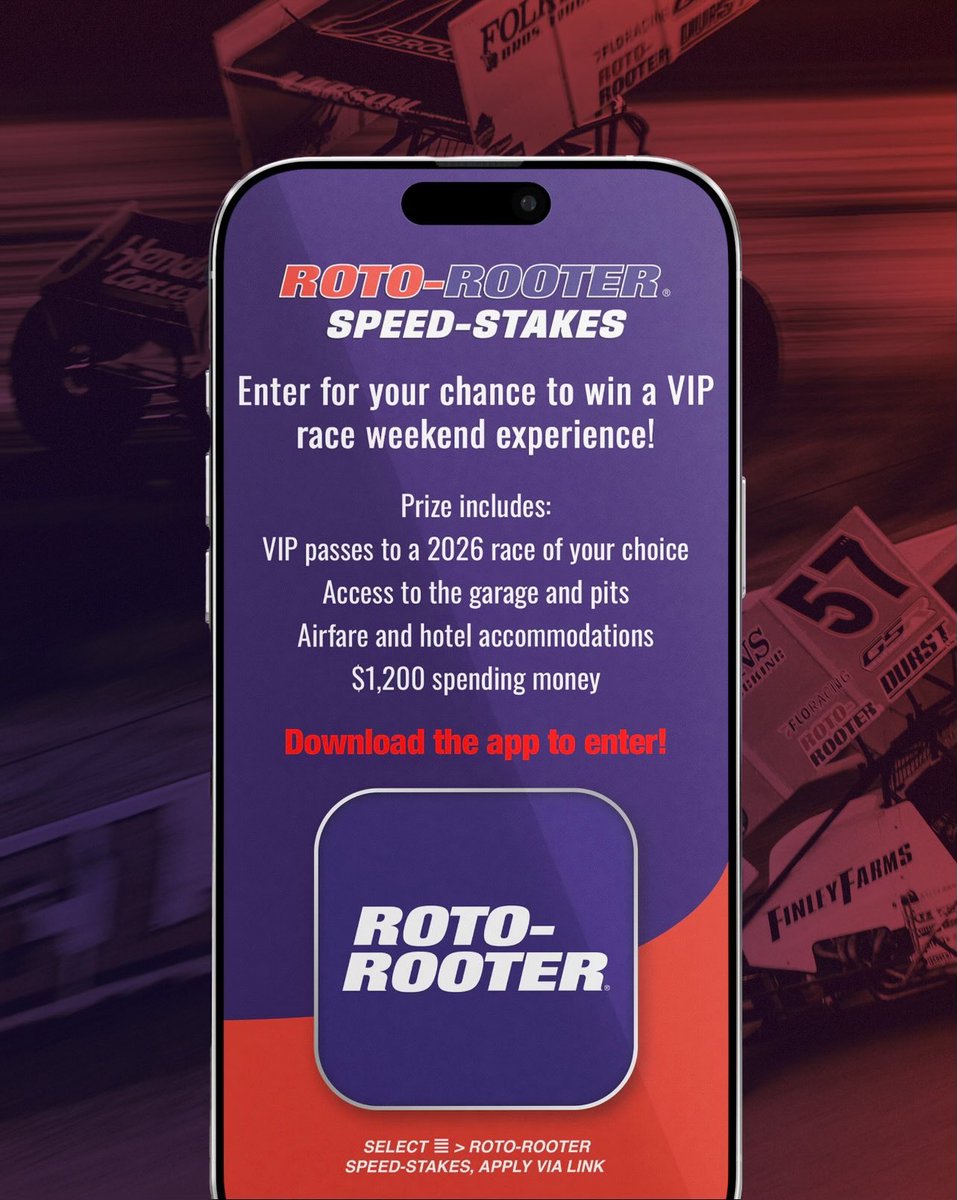 The Roto-Rooter Speed-Stakes are here! Enter for your chance to win a VIP race weekend experience in 2026!

🎟️ VIP passes to a race of your choice
🚗 Pit/Garage access
✈️ Travel accommodations 
💰 $1,200 in spending money

Download the Roto-Rooter app now to enter!