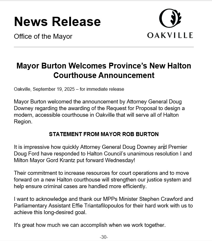 MayorRobBurton's tweet image. I welcome the announcement from @douglasdowney to advance a new, modern courthouse in #Oakville serving all of #Halton🏛️
Thank you to my @RegionofHalton + @townofoakville  Council colleagues for their support and to MPPs @stcrawford2 &amp;amp; @Effie_ONB  for working with us to get here.