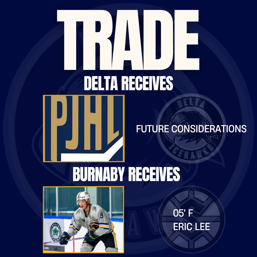deltaicehawks's tweet image. Trade announcement 

Delta trades 05F Eric Lee to Burnaby Steelers in exchange for future considerations. 

We would like to thank Eric for his time and commitment as a member of the Ice Hawks and wish him well in his last season of Jr with Burnaby.