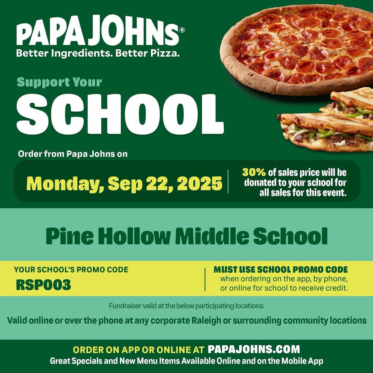 PHMSPTSA's tweet image. When you are meal planning for next week... mark Monday night off your list! Pine Hollow PTSA will  get 30% of sales from Papa Johns.
You must order online and use the Promo Code Below.