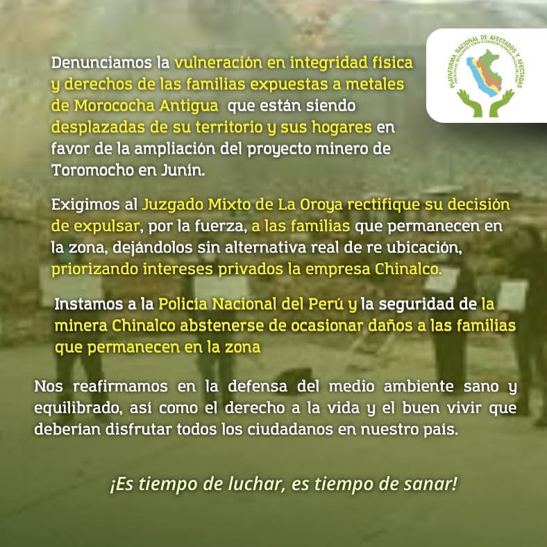 Plataforma Nacional de Afectados x Metales Tóxicos (@metalestoxicos) on Twitter photo ⚠️🚨Desde la Plataforma Nacional de Afectados y Afectadas por Metales, Metaloides y Otras Sustancias Químicas Tóxicas, nos pronunciamos ante el desalojo que y vulneración de derechos que vienen enfrentando nuestros hermanos de la localidad de Morococha.
<a href="/cnddhh/">CNDDHH 🇵🇪 #NoALaLeyDeAmnistía</a>
<a href="/Defensoria_Peru/">Defensoría del Pueblo</a> ⚠️🚨Desde la Plataforma Nacional de Afectados y Afectadas por Metales, Metaloides y Otras Sustancias Químicas Tóxicas, nos pronunciamos ante el desalojo que y vulneración de derechos que vienen enfrentando nuestros hermanos de la localidad de Morococha.
<a href="/cnddhh/">CNDDHH 🇵🇪 #NoALaLeyDeAmnistía</a>
<a href="/Defensoria_Peru/">Defensoría del Pueblo</a>
