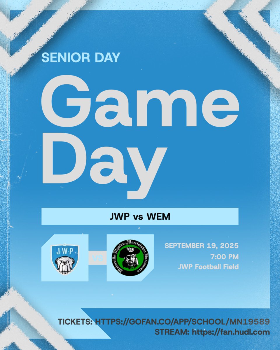 🏈 SENIOR DAY 🏈  

Join us as we honor our JWP Bulldog Football Seniors! 

📍 HOME- JWP STADIUM
⏰ 7:00PM

🎟 Tickets: gofan.co/app/school/MN1… 
📺 Stream: fan.hudl.com

Come celebrate the hard work, leadership, and dedication of our seniors before kickoff!