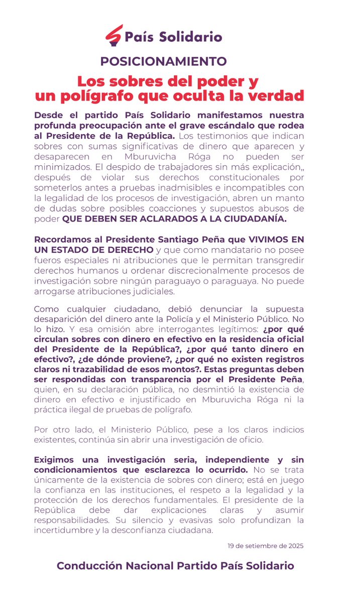 paissolidario's tweet photo. Desde País Solidario exigimos una investigación seria, independiente y sin condicionamientos. El presidente Peña debe explicar de dónde salió tanto 💸 dinero en Mburuvicha Róga y por qué nunca denunció su desaparición. La ciudadanía merece respuestas, no evasivas. https://t.co/caCWkGEL5w