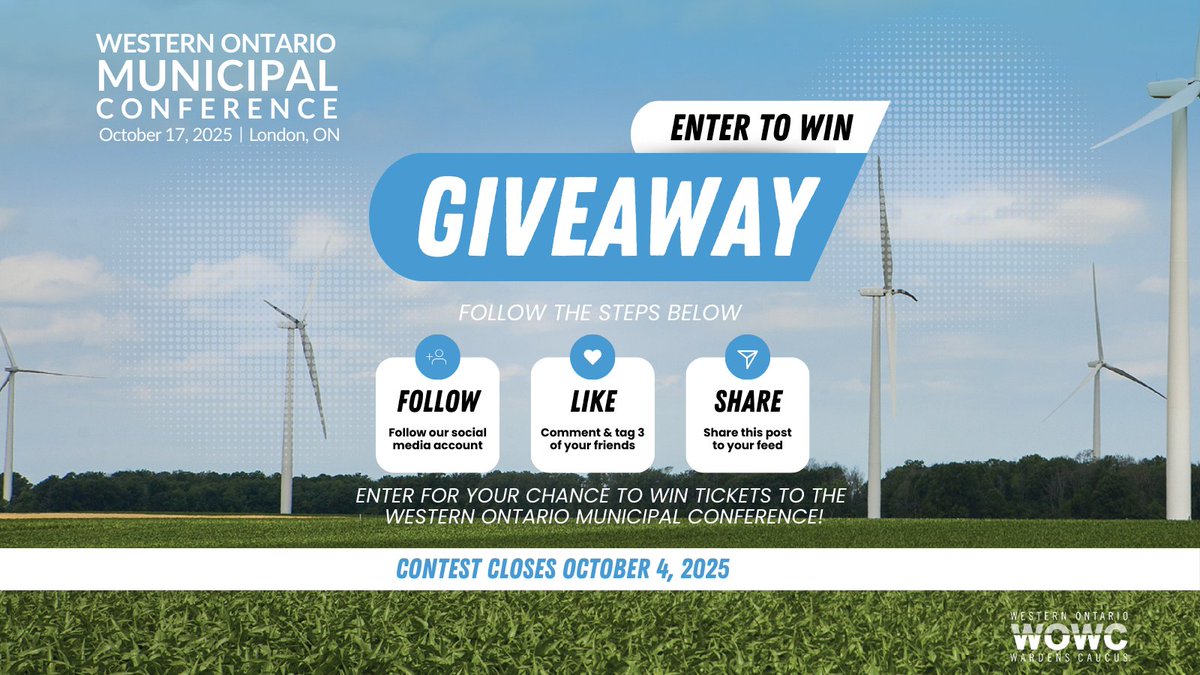 wowcinc's tweet photo. We’re giving away FREE tickets to the Western Ontario Municipal Conference!

Enter now for your chance to join #WOMC2025 in London on Oct 17.

 ✅ Follow
 ✅ Like
 ✅ Share
 
Contest closes Oct 4!
 
Don’t miss out: https://t.co/W8bcpxceIg
#onpoli #ONMuni https://t.co/q4bdiWSDrR
