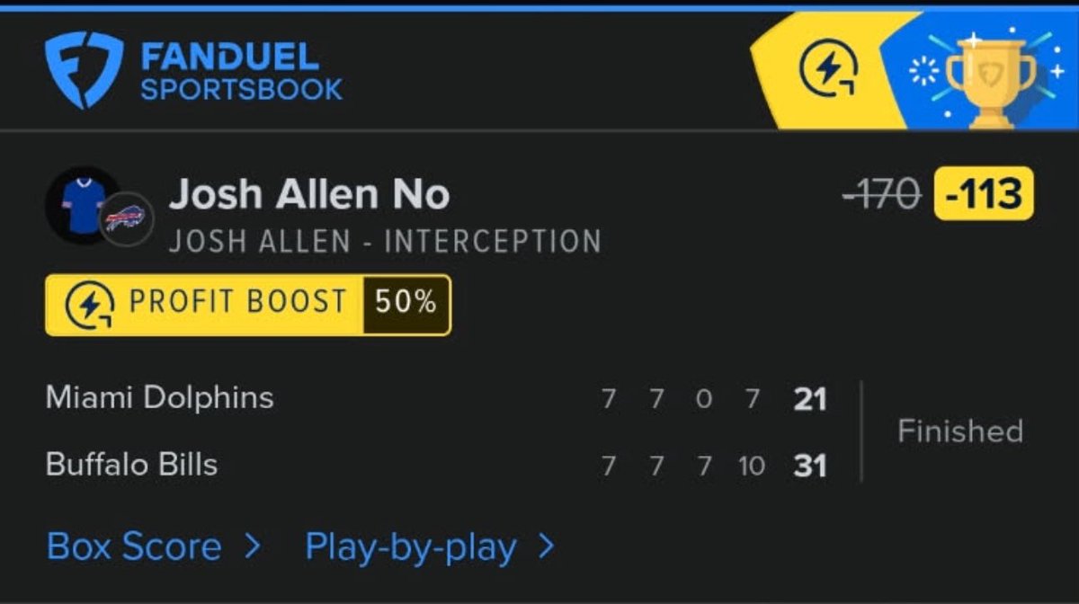 Dfs4Everyone's tweet photo. 💥 3 UNIT MAX CASHED 💥

Josh Allen ✅ No Interception (–113 boosted)
Final: Bills 31 – Dolphins 21 🔥

That’s 35–11 on MAX BETS 📈
We’ve now hit 4 straight — the run doesn’t stop 🚀

#NFL #BillsMafia #SportsBetting #GamblingTwitter #MafiaPicks https://t.co/8ZKCV6MiVF