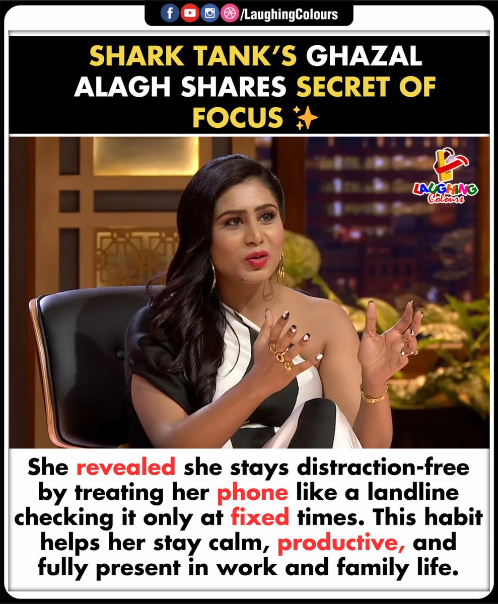 LaughingColours's tweet photo. Ghazal Alagh’s secret to focus ✨
#SharkTankIndia #GhazalAlagh #ProductivityTips #WorkLifeBalance #FocusHacks #Inspiration https://t.co/3nPwRjUzzu