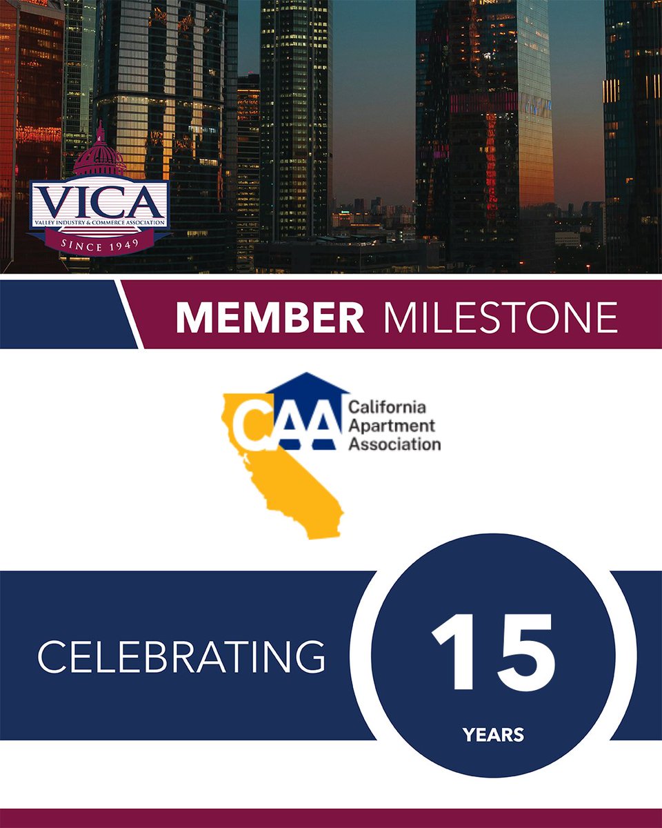 Please join us in celebrating the California Apartment Association of Los Angeles for 15 years of membership with VICA!

We’re grateful for your long-standing commitment to the San Fernando Valley business community and your continued support of VICA’s mission.
