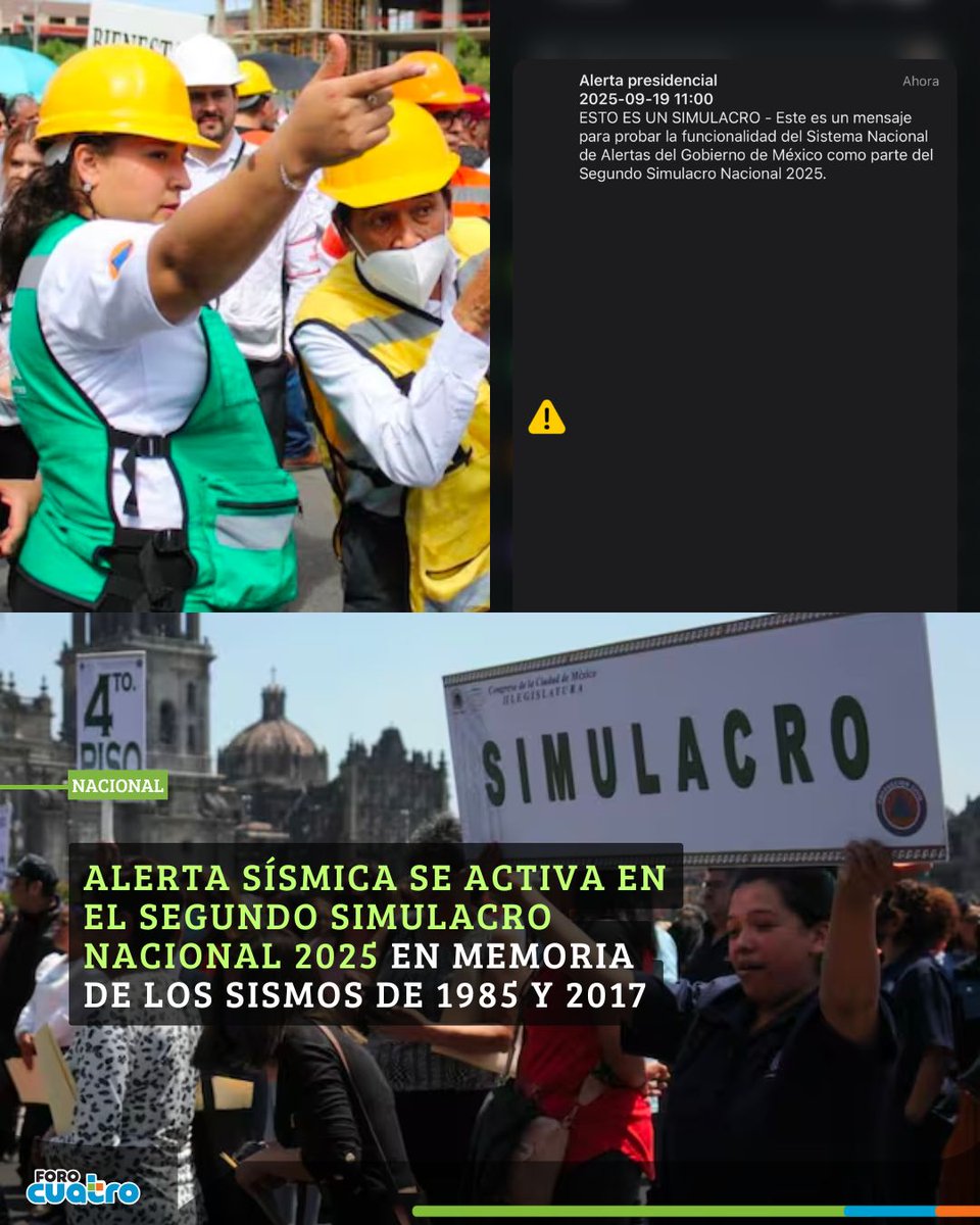 Este viernes 19 de septiembre, "se activó la alerta sísmica por el segundo Simulacro Nacional de 2025."...

👉👉 forocuatro.com/noticias/nacio…

#SimulacroNacional #19DeSeptiembre #AlertaSísmica #Sheinbaum #CDMX #ProtecciónCivil #México