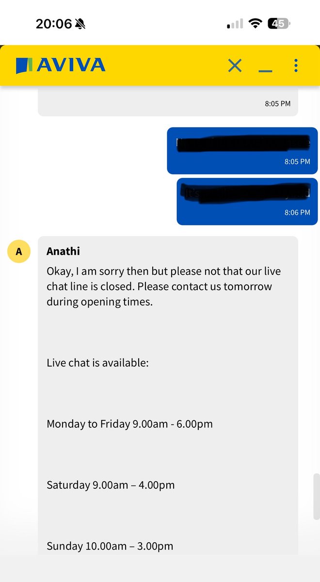 JamieMacDonald7's tweet photo. @AvivaUK wow … 25 minutes in a live chat, and just like that Anathi cuts me off dead and leaves me high and dry, as it’s home time !!! https://t.co/Gxv3PgSN4s