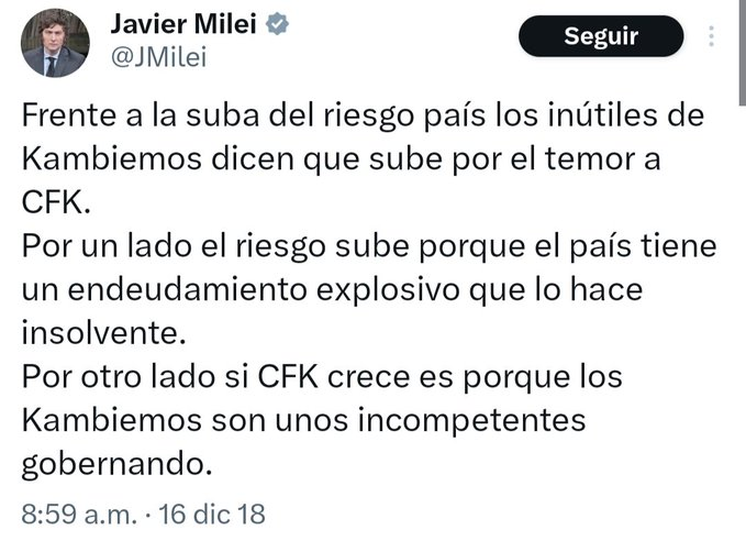Cambien LLA por Kambiemos.
No se confundan: Milei fue siempre esto, y promovido por el PJ (y LLA copada por todos lados), para reventar la chance de que JxC (sí, con imperfecciones y varios problemas) pudiese volver a gobernar, ya con virtuales mayorías y mitad de gobernadores