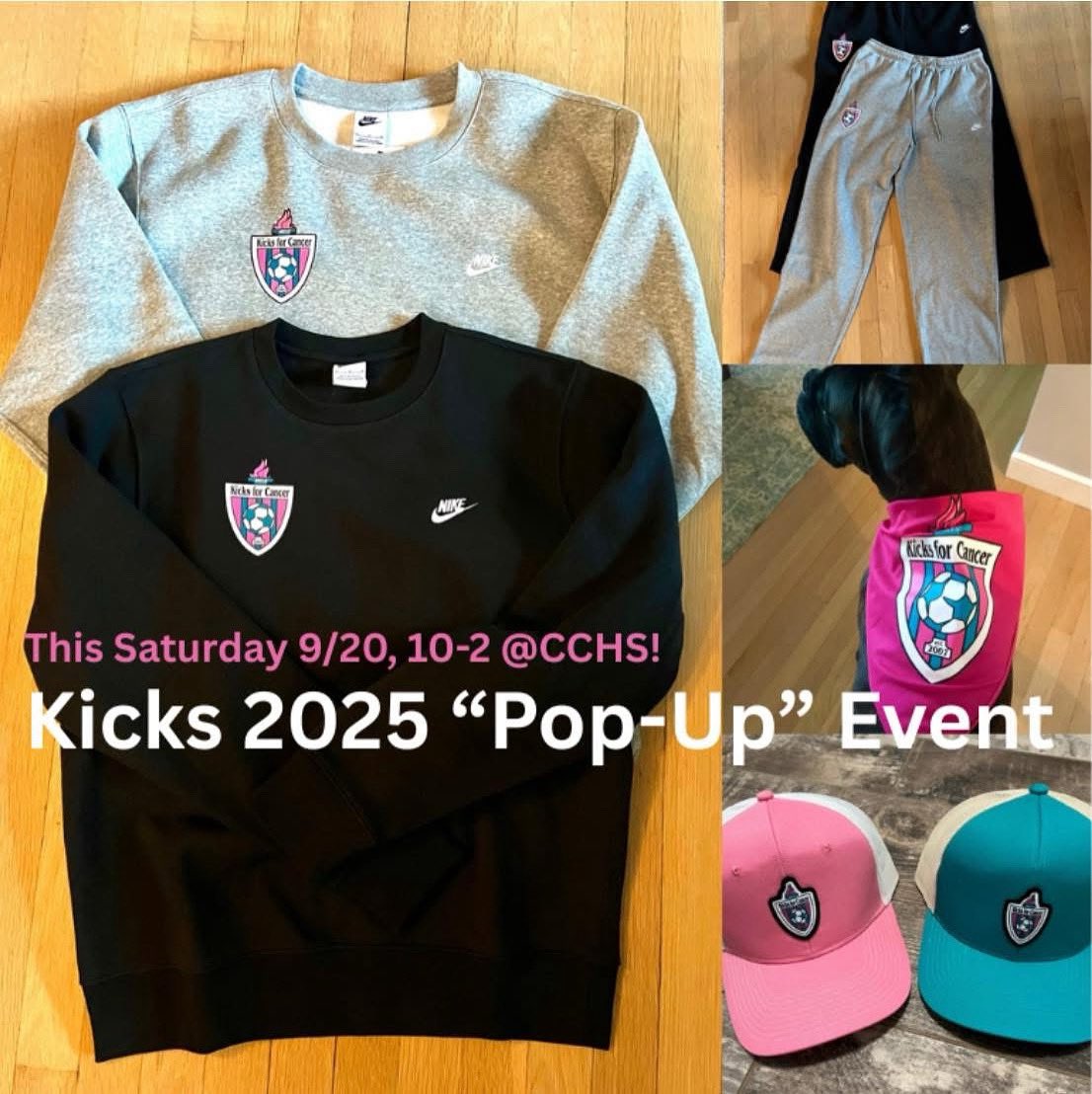 Reminder: 💗🩵 GET YOUR KICKS FOR CANCER GEAR! 💗🩵 Saturday 9/20 | 10 AM – 2 PM at Concord-Carlisle High School. New Nike crewnecks + sweats, dog bandanas &amp; more! 💗🩵 This is the ONLY public merch sale before Kicks for Cancer on 9/27! 🩵💗 Visit us at: kicksforcancer.org