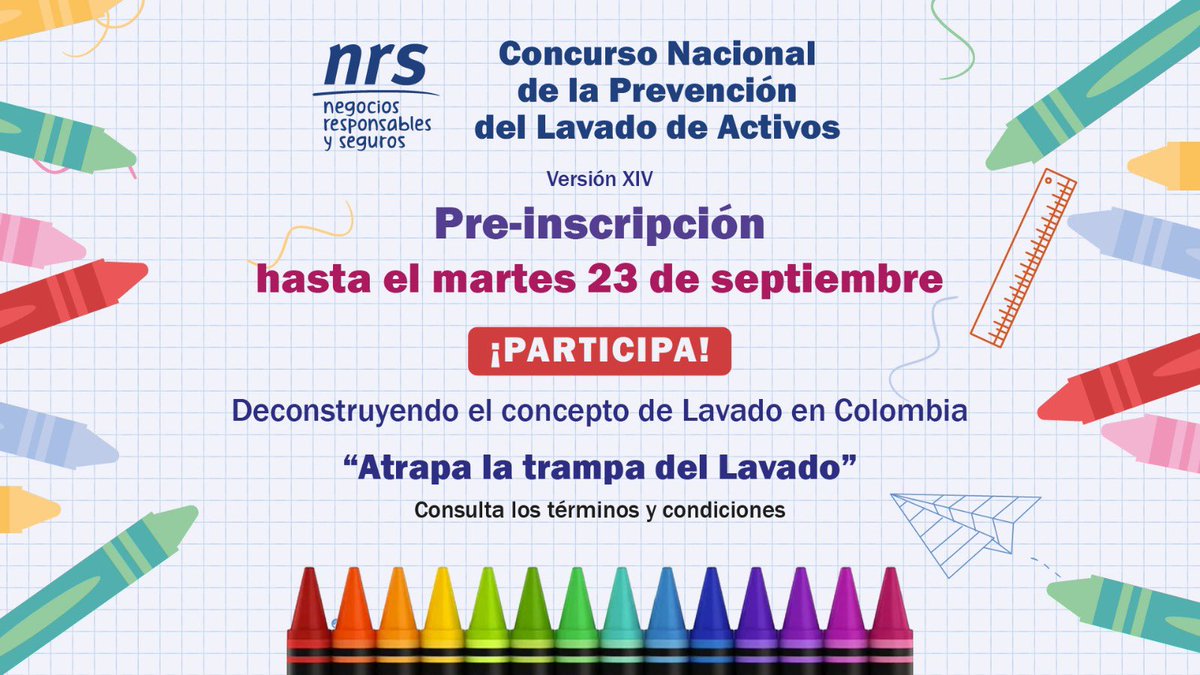 UNODCROCOL's tweet image. #Colombia 🇨🇴 

Te invitamos a participar del XlV Concurso Nacional de Prevención del #LavadoDeActivos 2025.

⌛️Fecha límite 2️⃣3️⃣ de septiembre 

Regístrate aquí:🔗 forms.office.com/e/WR0xmHpwAH