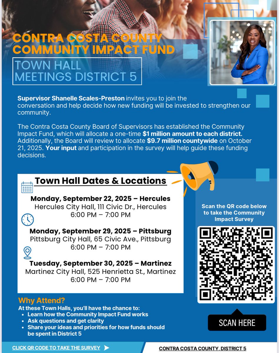Shape $1M in Funding for #District5!  We want YOUR ideas for the #CommunityImpactFund ($1M local + $9.7M countywide).  

Town Halls:  
9/22 ➡️ Hercules City Hall  
9/29 ➡️ Pittsburg City Hall  
9/30 ➡️ Martinez City Hall  
⏰ All 6–7PM  

Take the survey: bit.ly/ImpactSurvey23