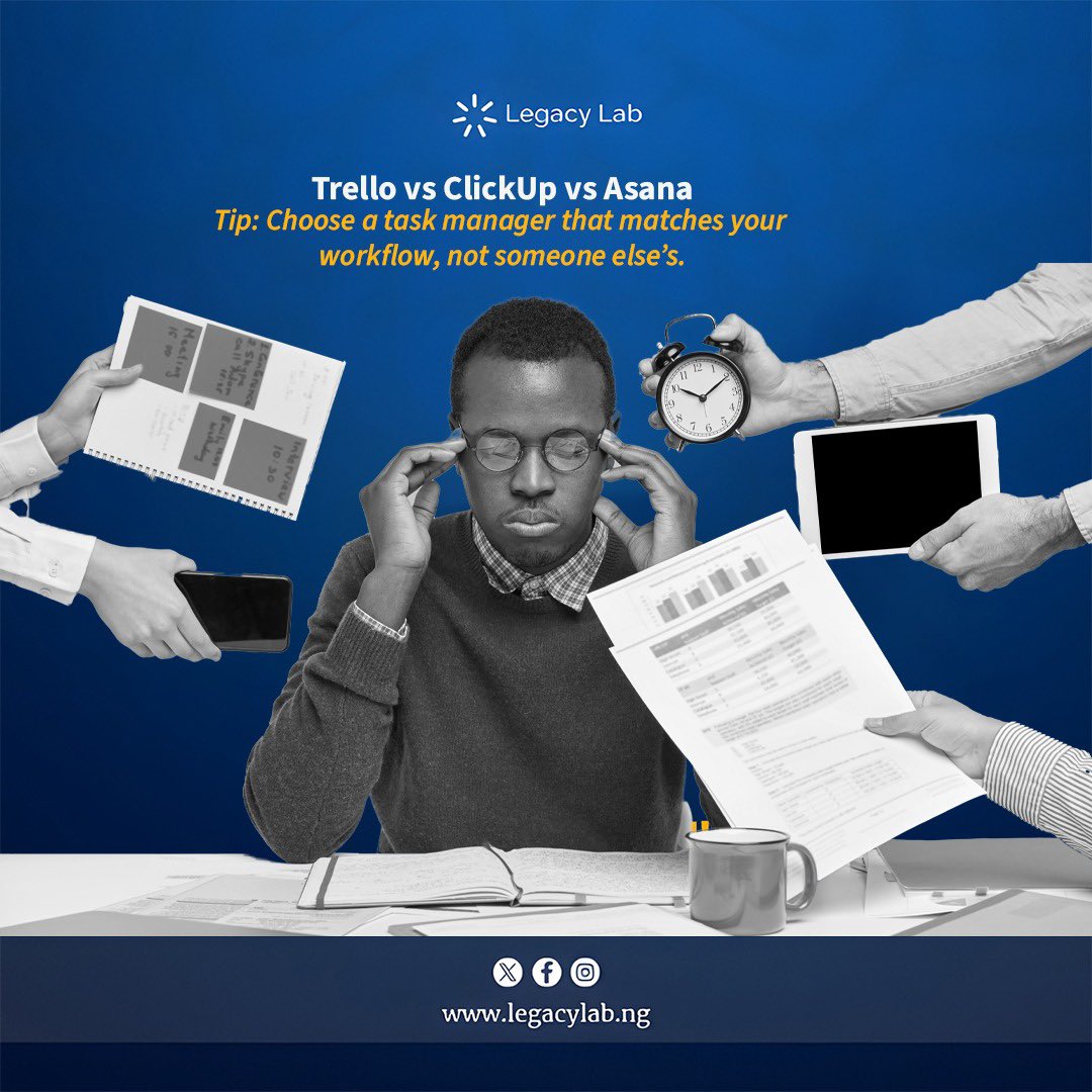 legacylabng's tweet image. Don’t just pick any task manager,choose one that matches your workflow. The right tool should carry your process, not complicate it. make sure it aligns with how you actually work. Productivity is easier when your tools work for you.

#legacylab #fridaytechtips #taskmanagers