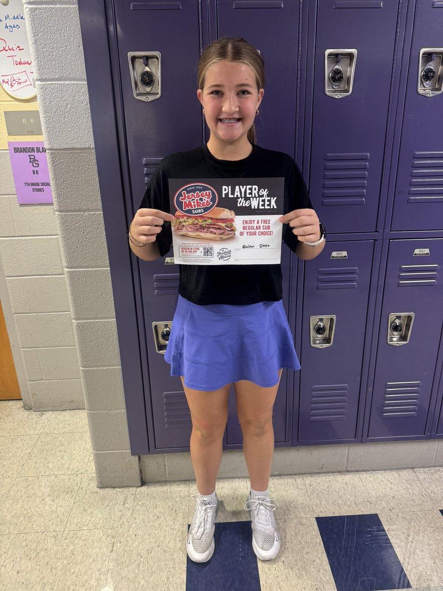 BgPurplesAth's tweet image. Congrats to 7th grader Quinn Otto on receiving BGJHS Jersey Mikes Female Athlete of the Week! 

#GoPurples
