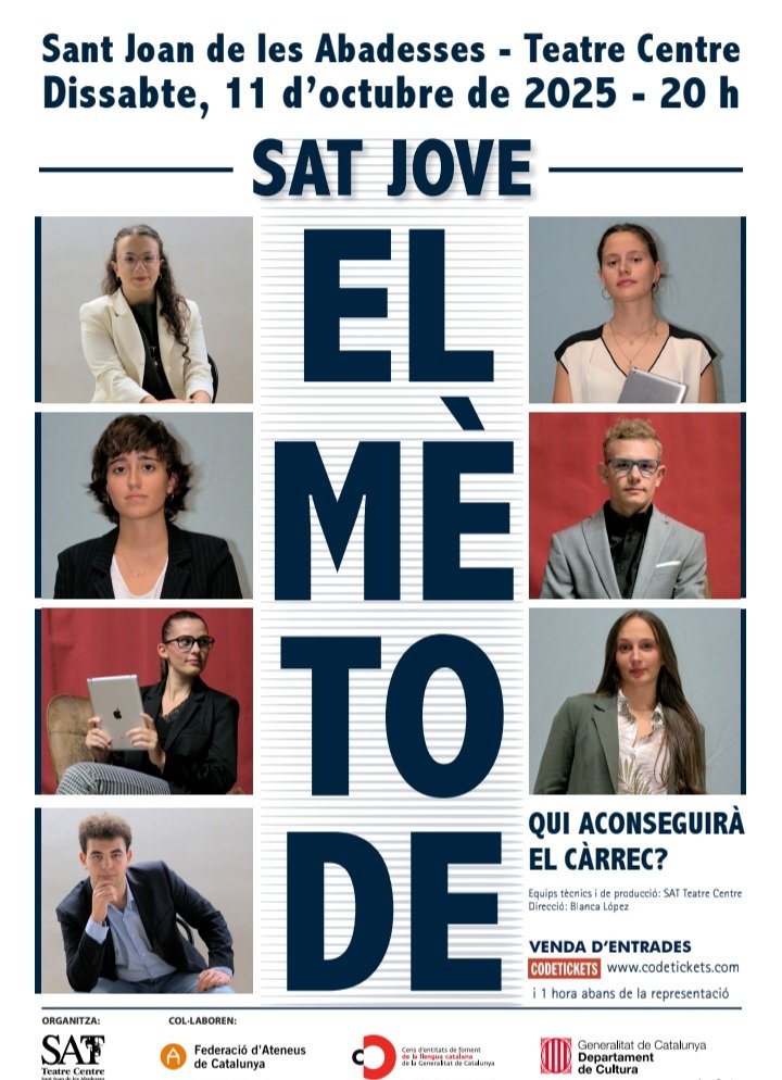 Ja a la venda les entrades per a "El mètode", a càrrec del SAT Jove. Pots comprar-les en aquest enllaç: 
entradas.codetickets.com/entradas/el-me…
#teatre #stjoanab #santjoandelesabadesses