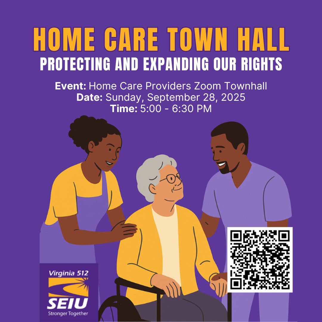 SEIUVA512's tweet image. Your story is our strength. SEIU VA 512 home care members, join our Town Hall on 9/28 at 5 PM.

Let's speak out together against care cuts and get organized to win the contract and rights we've earned. #MemberPower

Register here: us02web.zoom.us/meeting/regist…