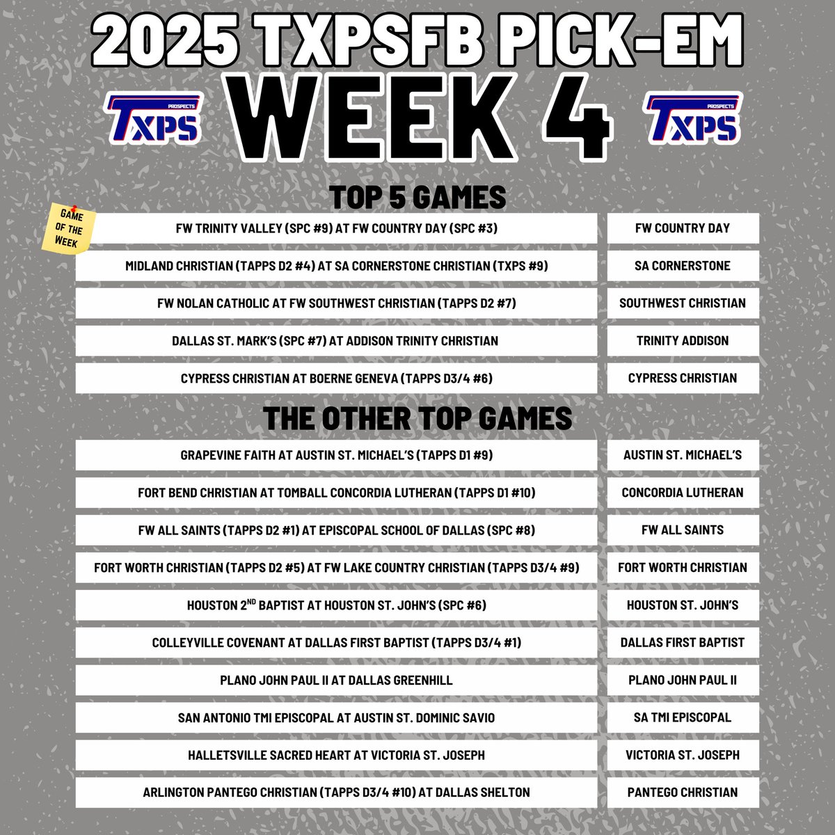 Week 4 TXPSFB Pick-Em Picks!

#RecruitTXPSFB