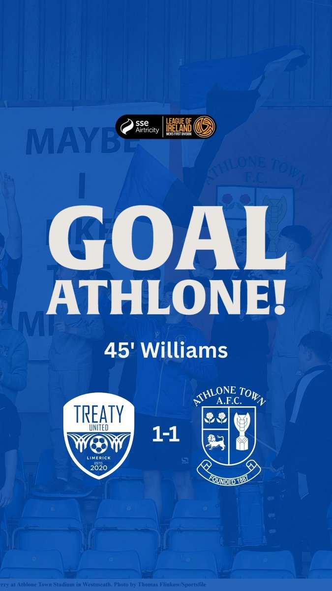 AthloneTownAFC's tweet image. 45' GOAL ATHLONE!

Penalty scored by Dean Williams after a handball just before half time. 1-1 #TREATH